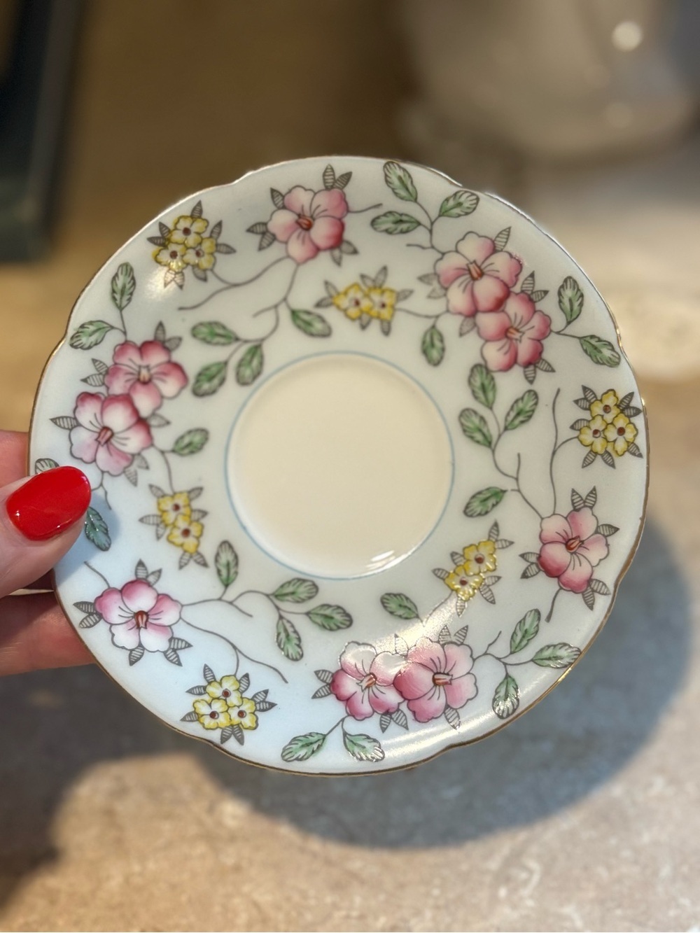 Vintage Diamond Occupied Japan Pink Floral Porcelain Tea Cup Saucer Gold Trim